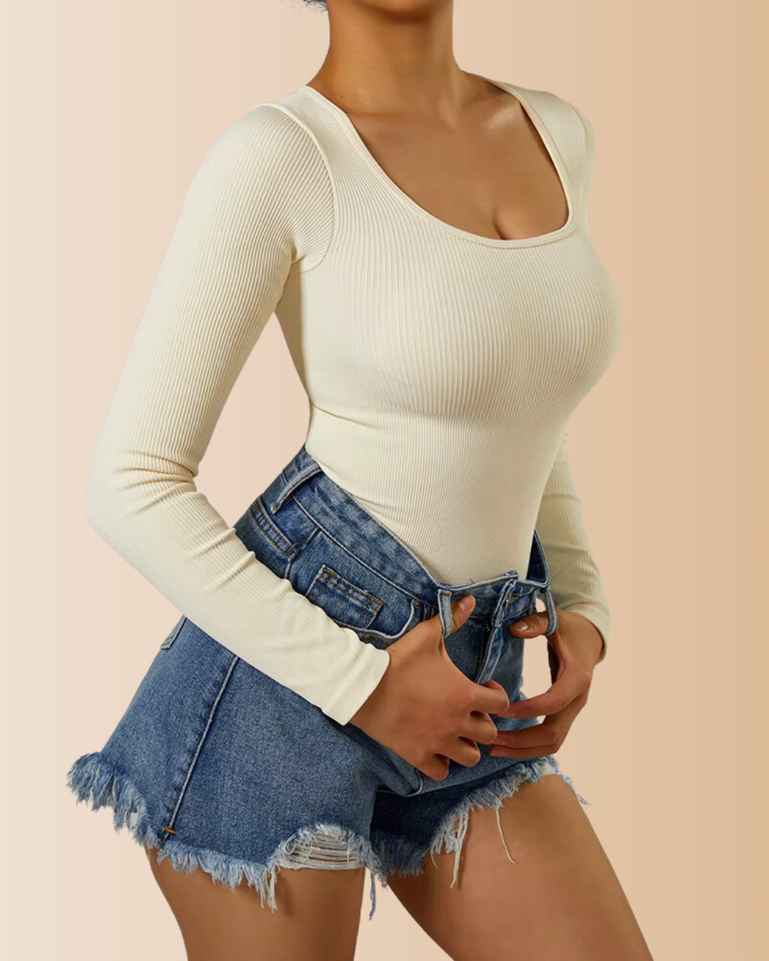 Long Sleeve Round Neck Ribbed Tummy Control Bodysuit