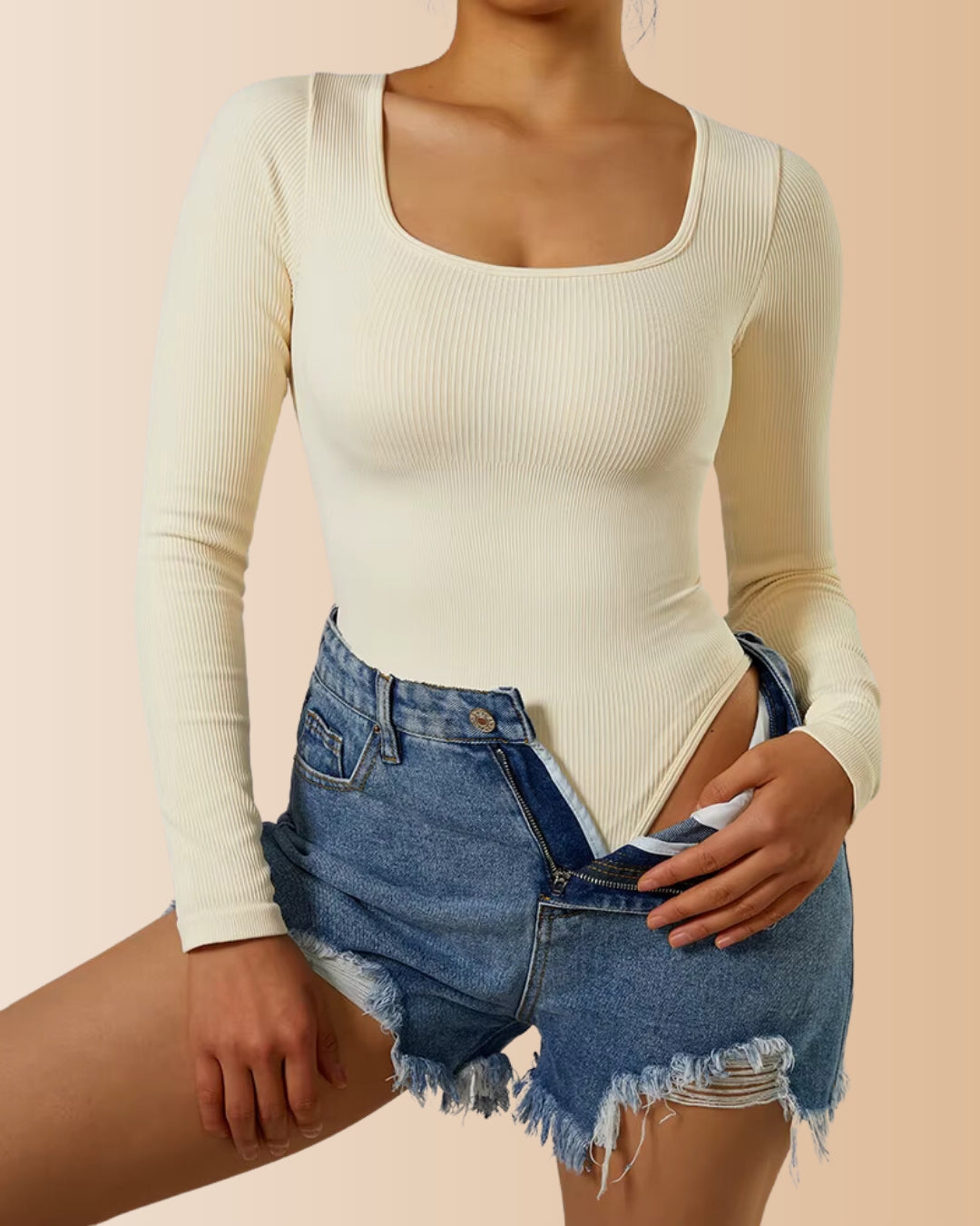 Long Sleeve Round Neck Ribbed Tummy Control Bodysuit