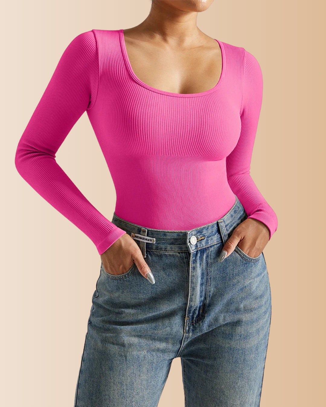 Long Sleeve Round Neck Ribbed Tummy Control Bodysuit