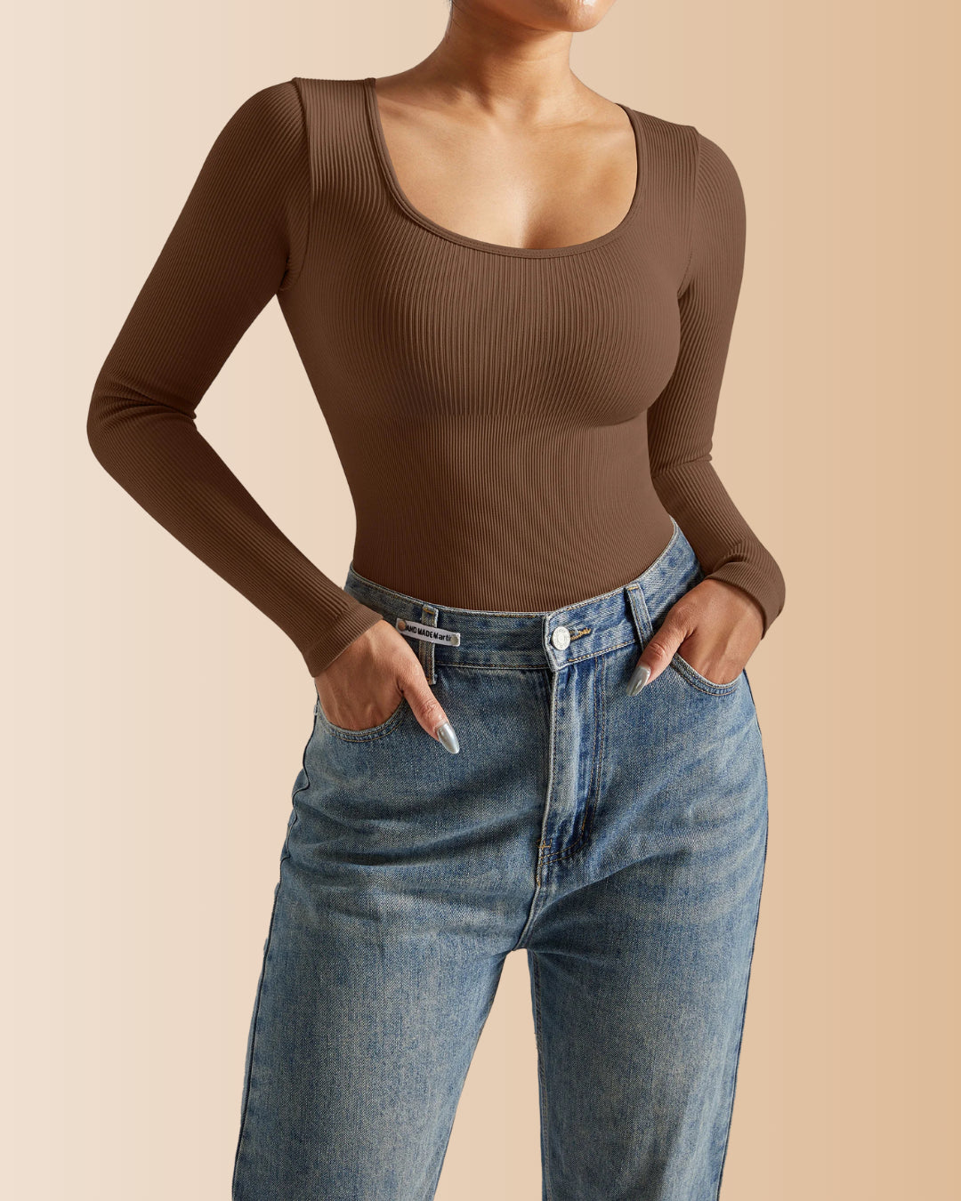 Long Sleeve Round Neck Ribbed Tummy Control Bodysuit
