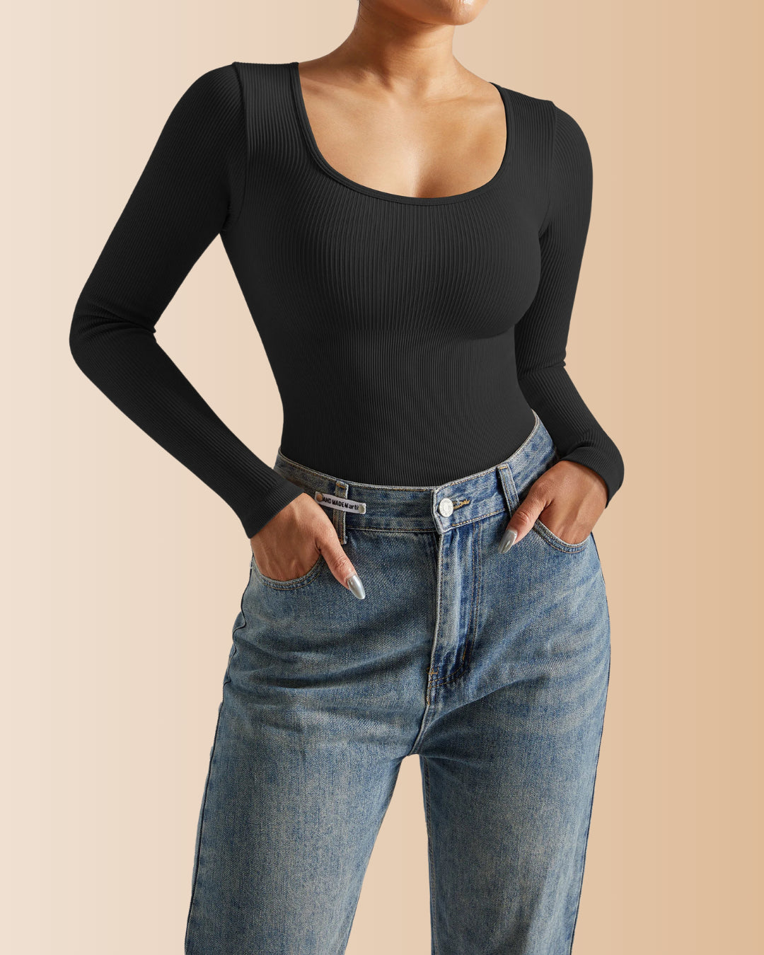 Long Sleeve Round Neck Ribbed Tummy Control Bodysuit