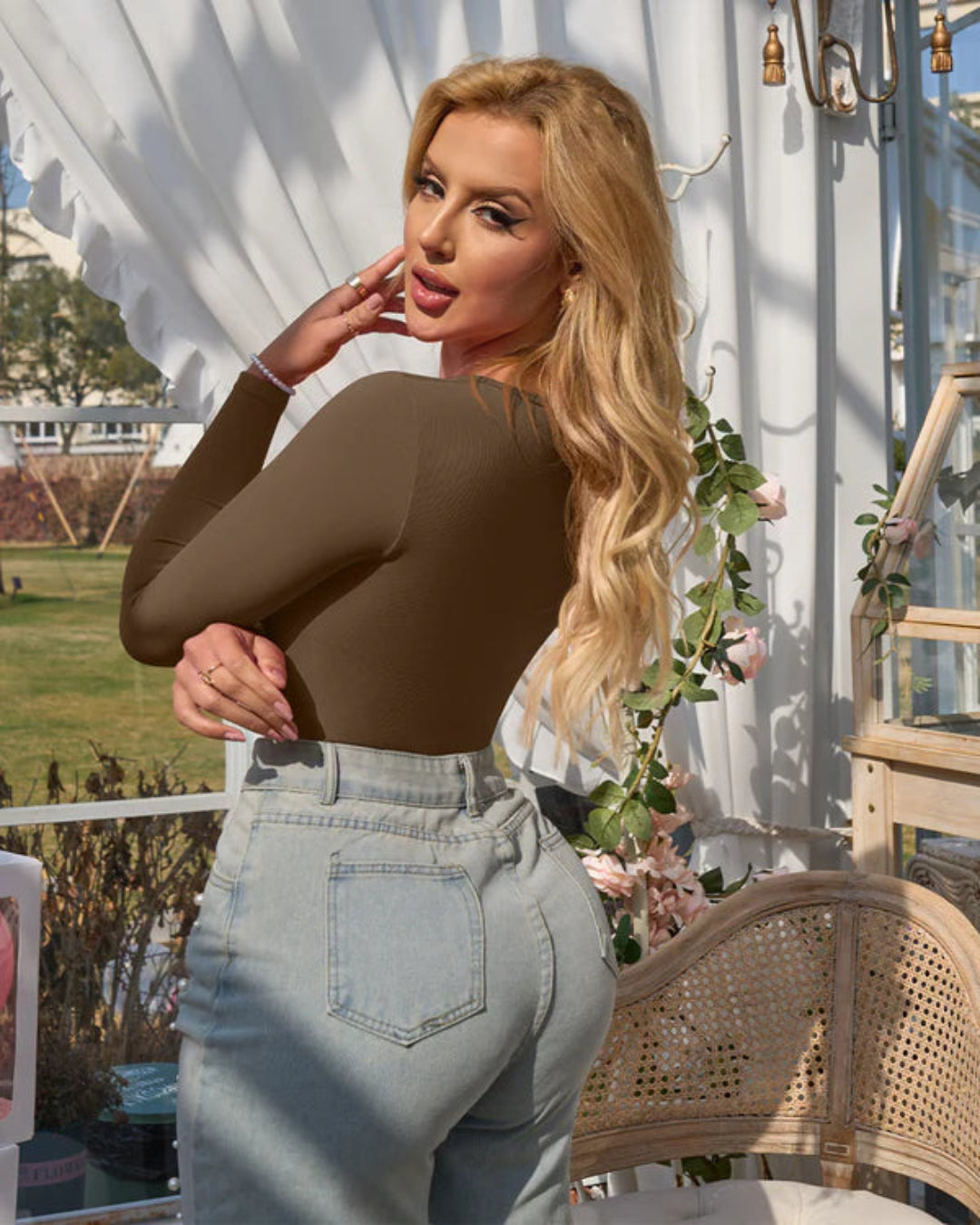 Long Sleeve Square Neck Ribbed Tummy Control Bodysuit