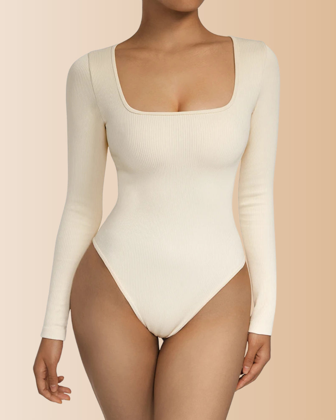 Long Sleeve Square Neck Ribbed Tummy Control Bodysuit