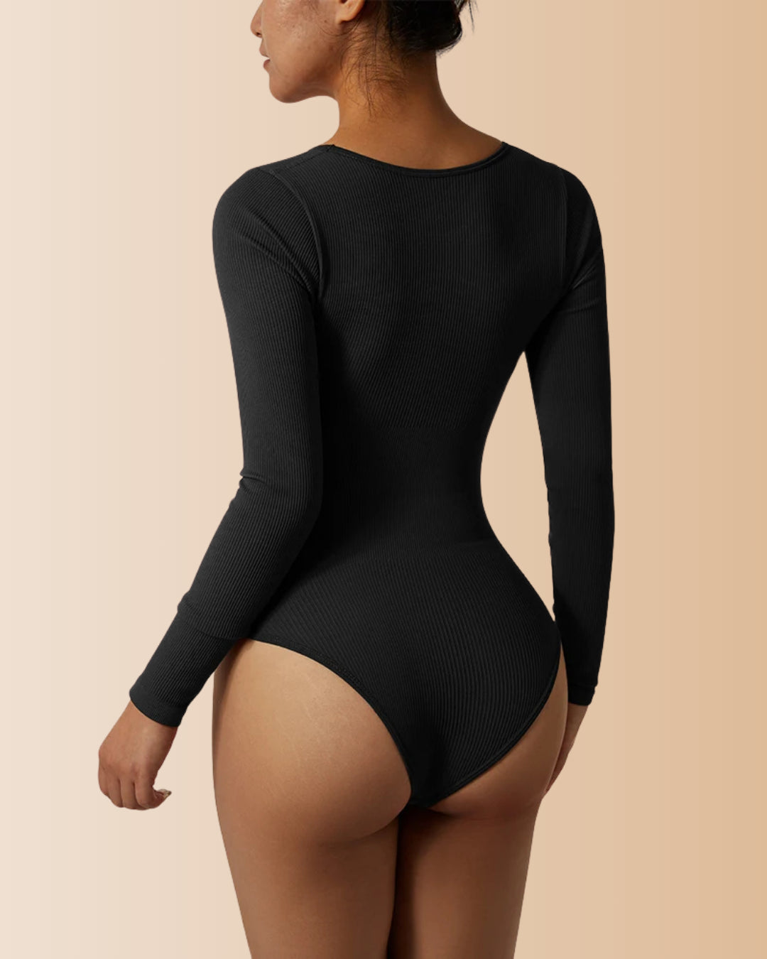 Long Sleeve Square Neck Ribbed Tummy Control Bodysuit
