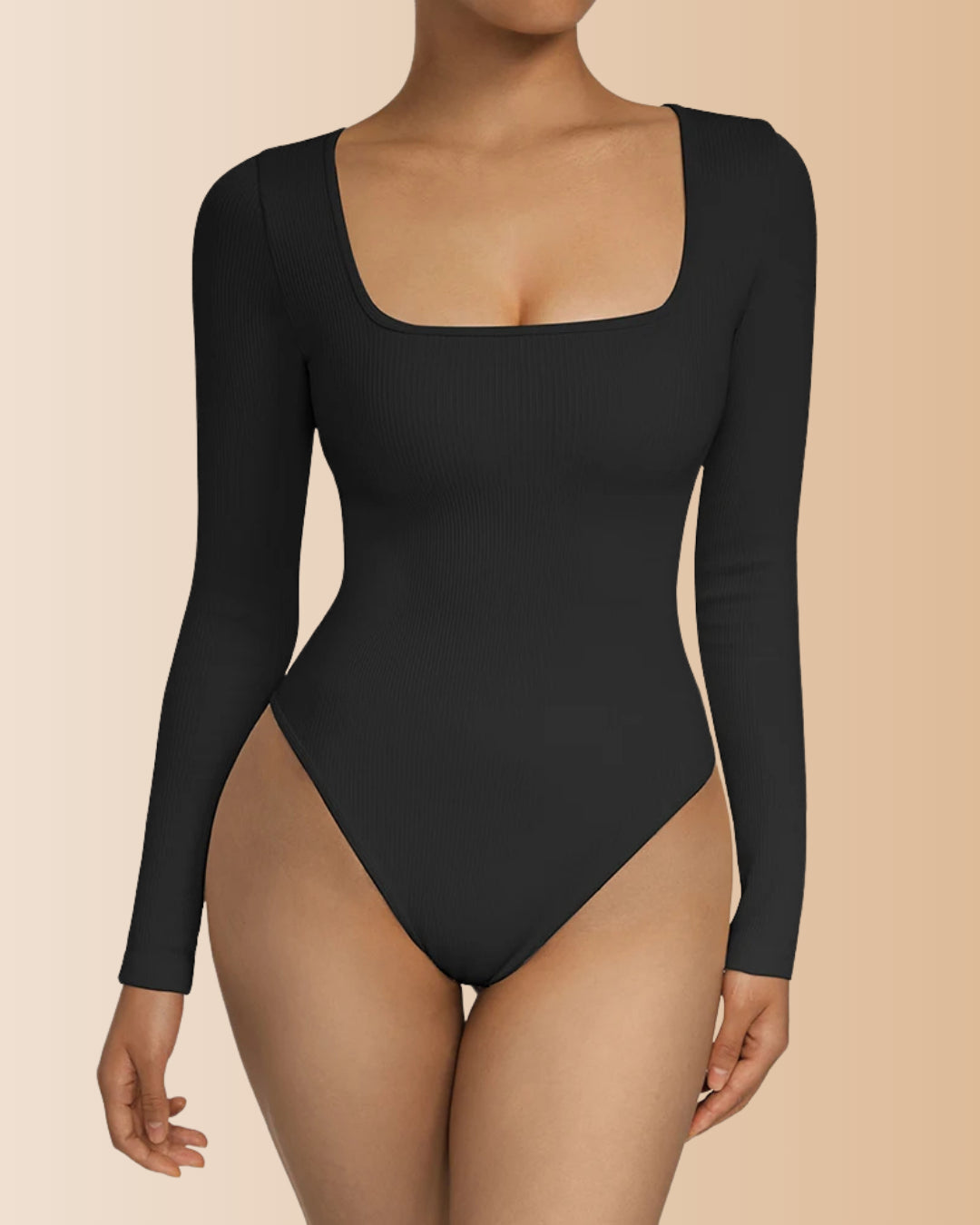 Long Sleeve Square Neck Ribbed Tummy Control Bodysuit