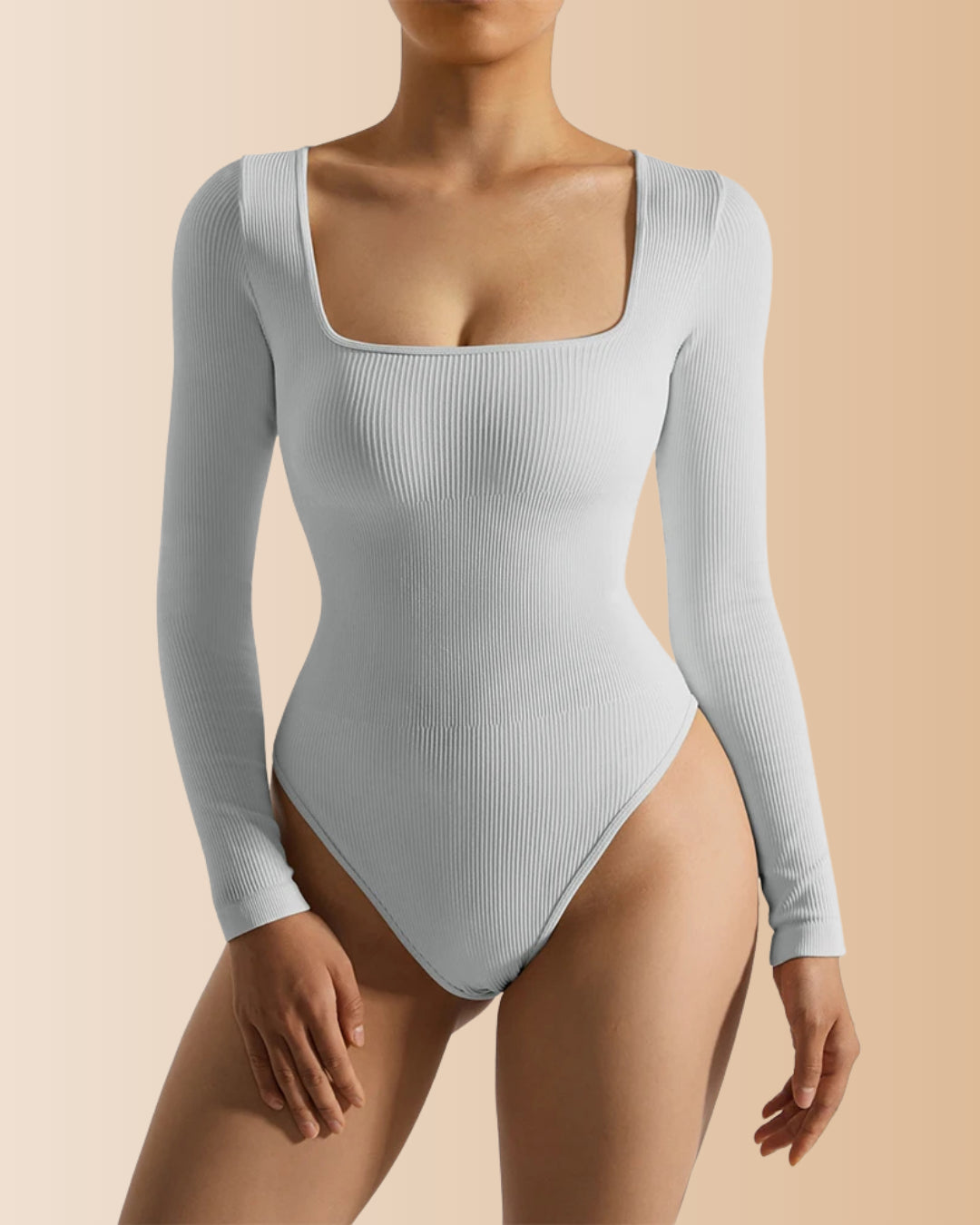 Long Sleeve Square Neck Ribbed Tummy Control Bodysuit