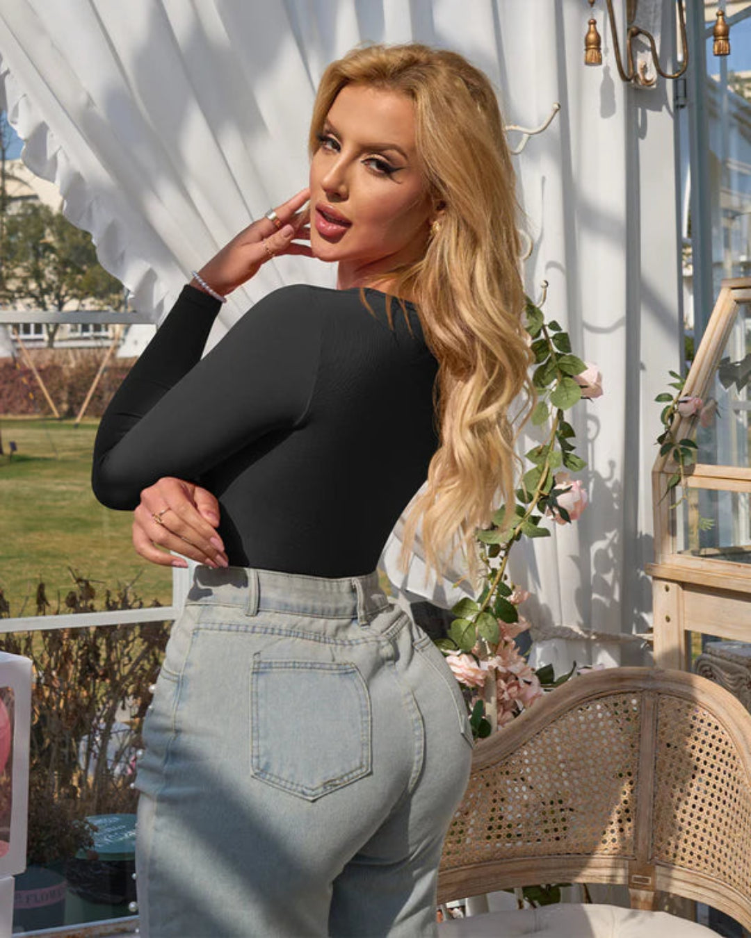 Long Sleeve Round Neck Ribbed Tummy Control Bodysuit