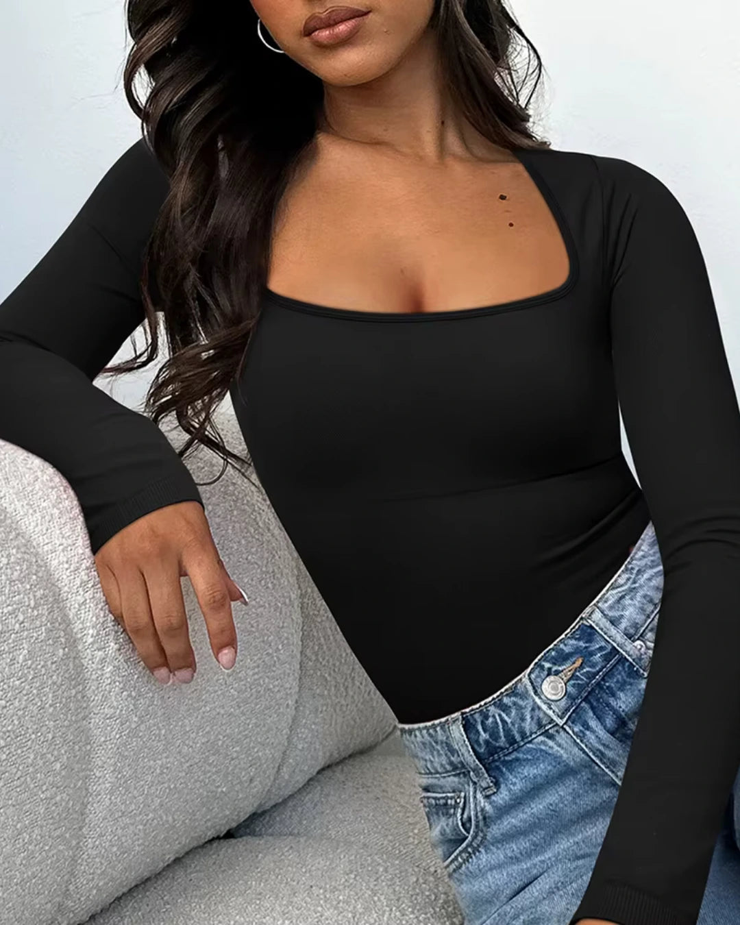 Long Sleeve Square Neck Ribbed Tummy Control Bodysuit