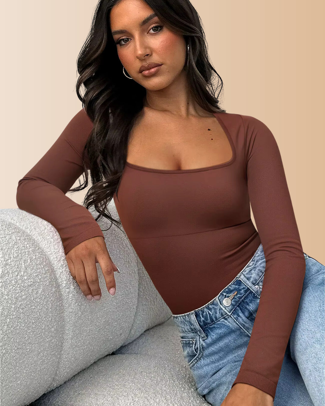 Long Sleeve Square Neck Ribbed Tummy Control Bodysuit