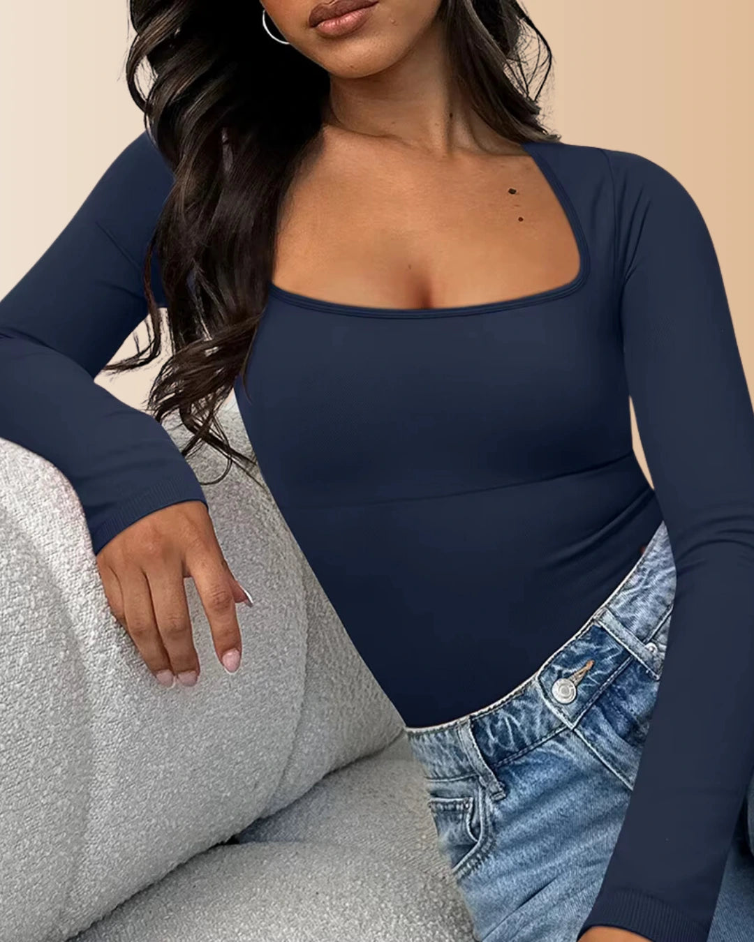 Long Sleeve Square Neck Ribbed Tummy Control Bodysuit