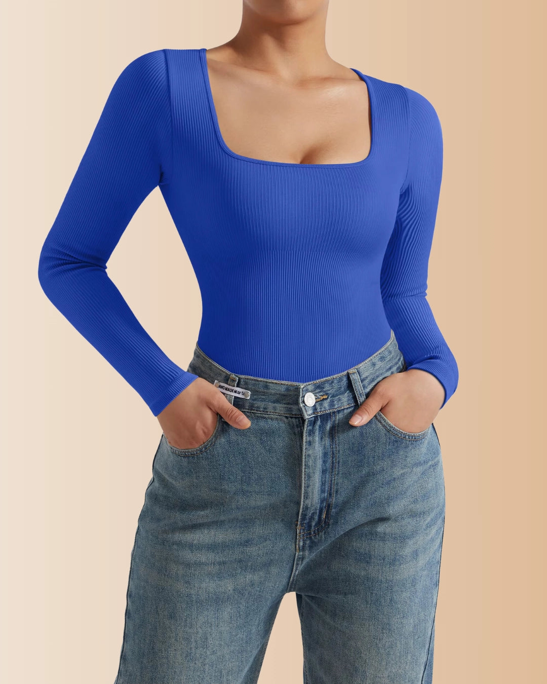 Long Sleeve Square Neck Ribbed Tummy Control Bodysuit