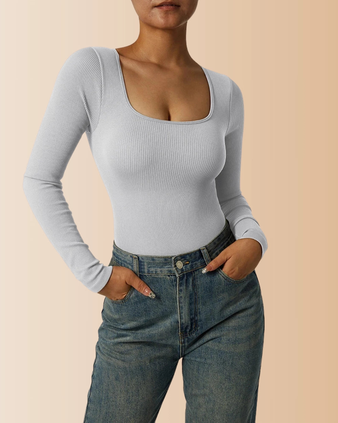 Long Sleeve Square Neck Ribbed Tummy Control Bodysuit