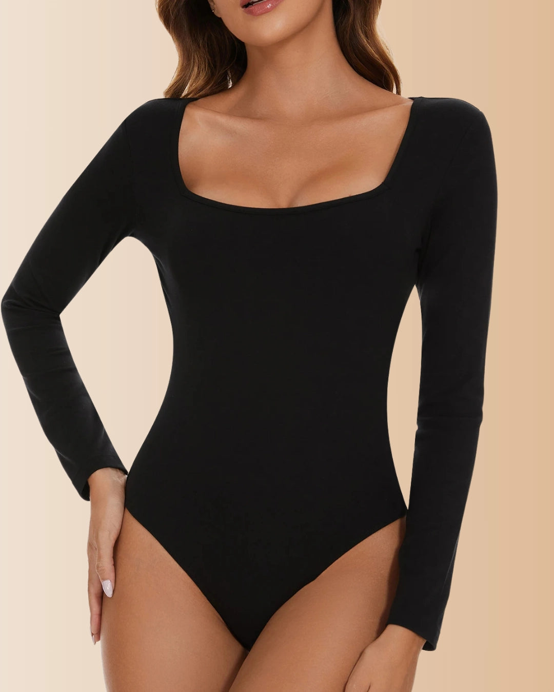 Long Sleeve Square Neck Solid Tummy Control Bodysuit