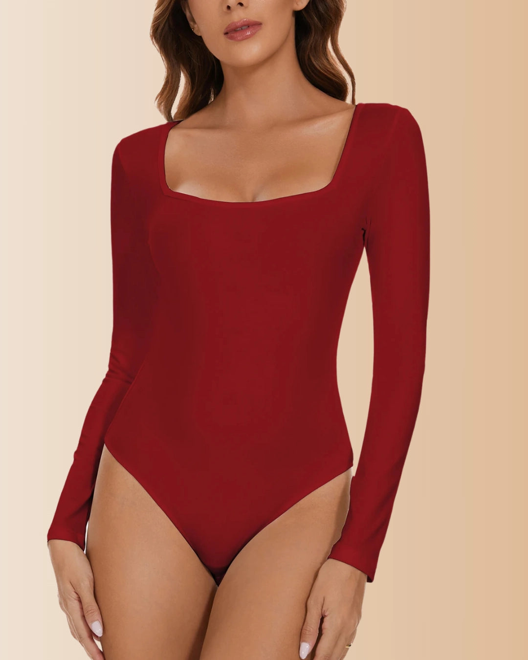 Long Sleeve Square Neck Solid Tummy Control Bodysuit
