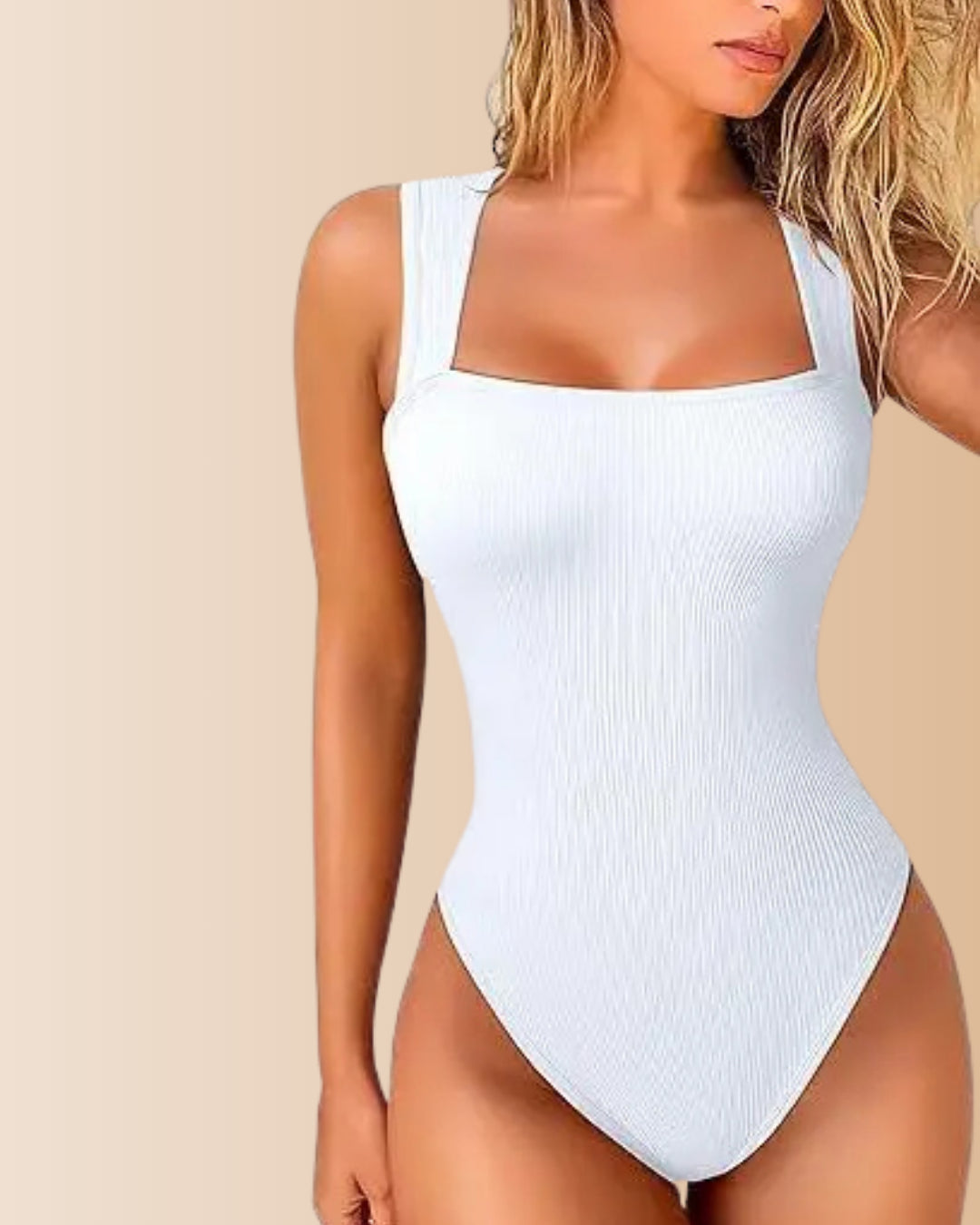 Sleeveless Wide Square Neck Ribbed Tummy Control Bodysuit