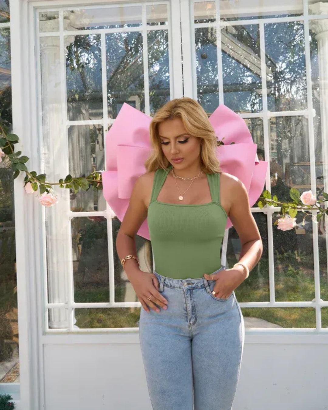 Sleeveless Wide Square Neck Ribbed Tummy Control Bodysuit