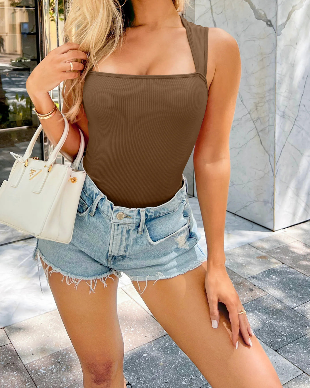 Sleeveless Wide Square Neck Ribbed Tummy Control Bodysuit