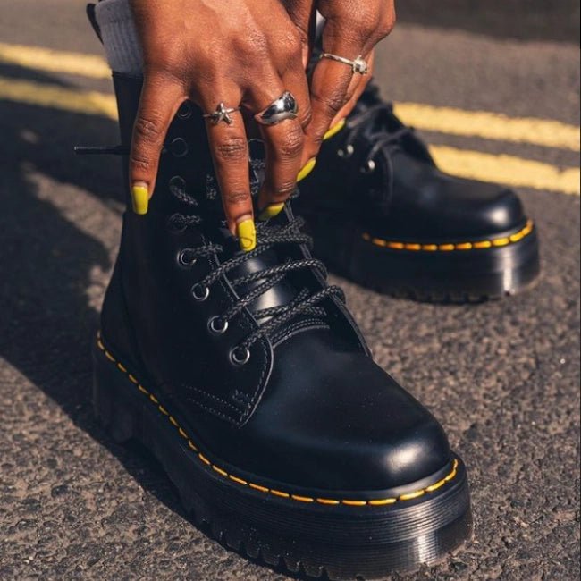 Womens Leather Platform Mid-Calf Biker Booties