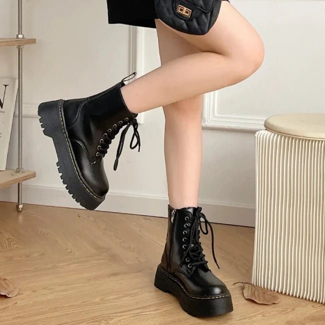Womens Leather Platform Mid-Calf Biker Booties