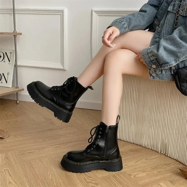 Womens Leather Platform Mid-Calf Biker Booties