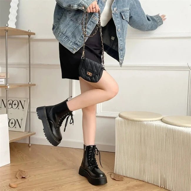 Womens Leather Platform Mid-Calf Biker Booties