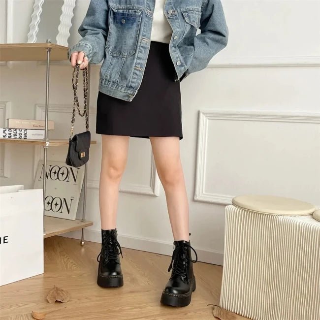 Womens Leather Platform Mid-Calf Biker Booties