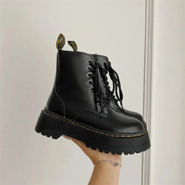 Womens Leather Platform Mid-Calf Biker Booties