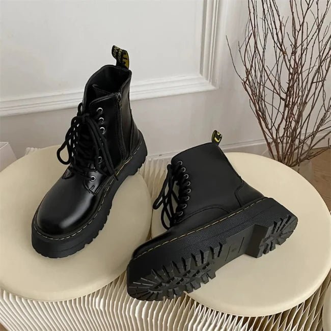 Womens Leather Platform Mid-Calf Biker Booties