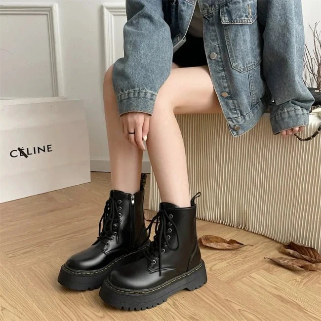 Womens Leather Platform Mid-Calf Biker Booties