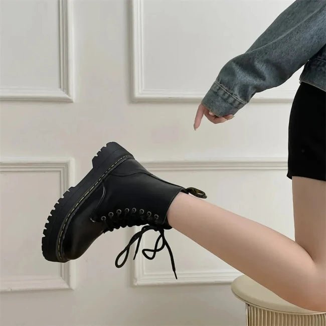 Womens Leather Platform Mid-Calf Biker Booties