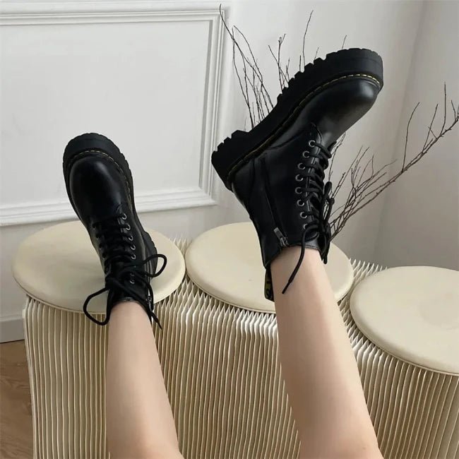 Womens Leather Platform Mid-Calf Biker Booties
