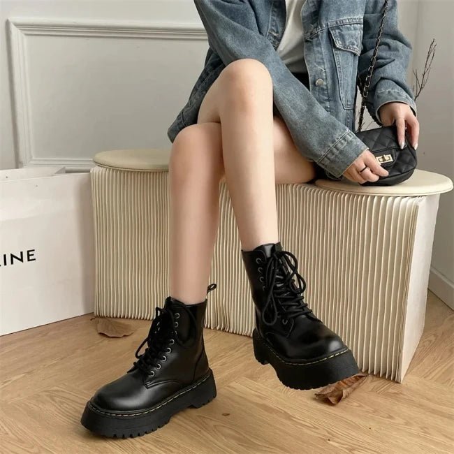Womens Leather Platform Mid-Calf Biker Booties