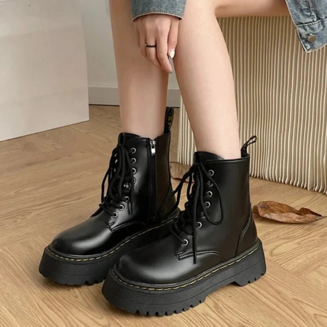 Womens Leather Platform Mid-Calf Biker Booties