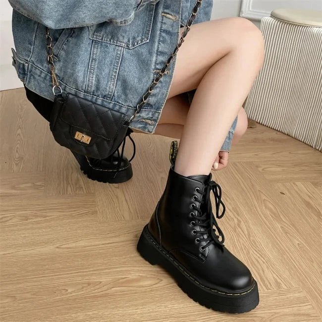Womens Leather Platform Mid-Calf Biker Booties