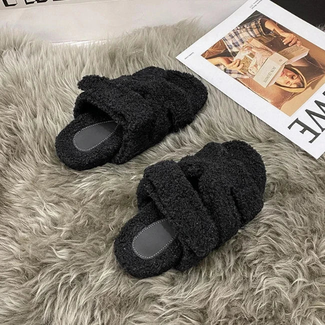 Women Fleence Fur Platform Furry Slippers