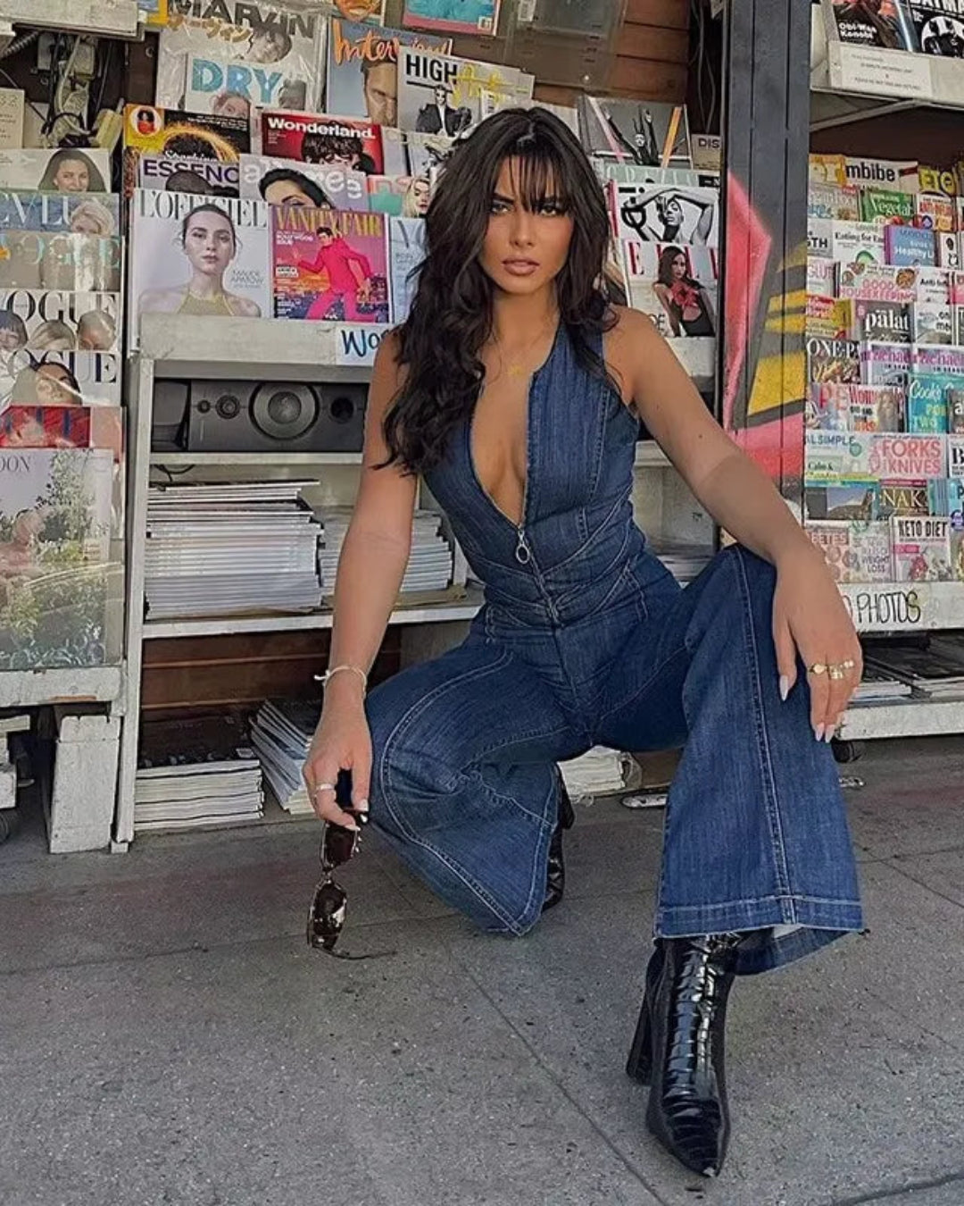 Sleeveless Crew Neck Zipper Denim Flared Jumpsuit