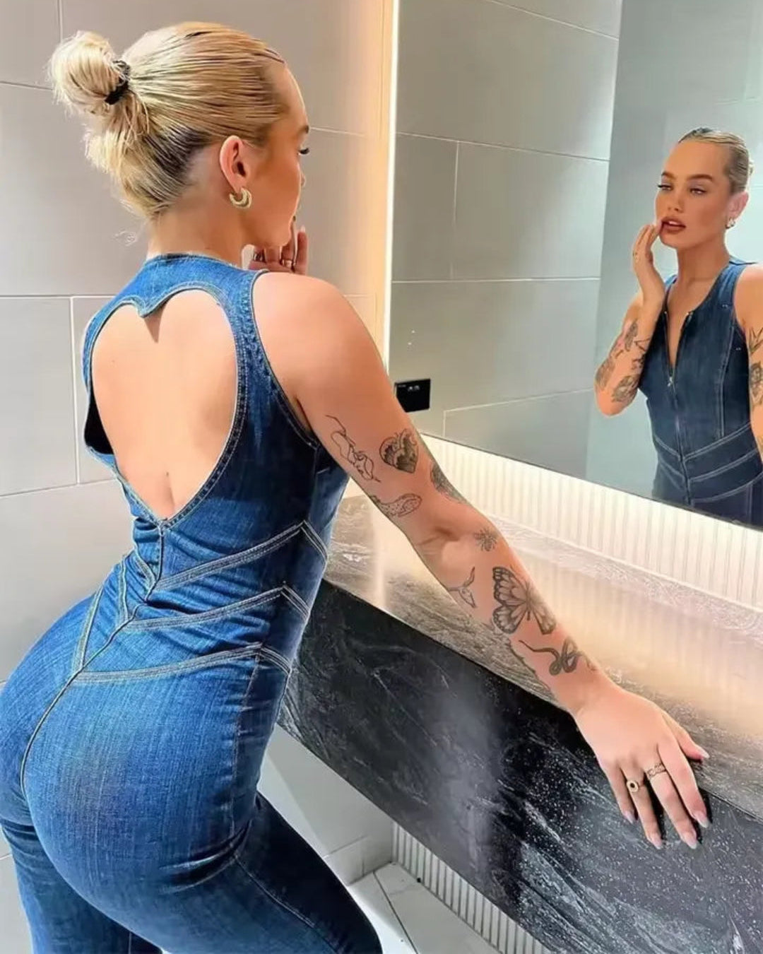 Sleeveless Crew Neck Zipper Denim Flared Jumpsuit