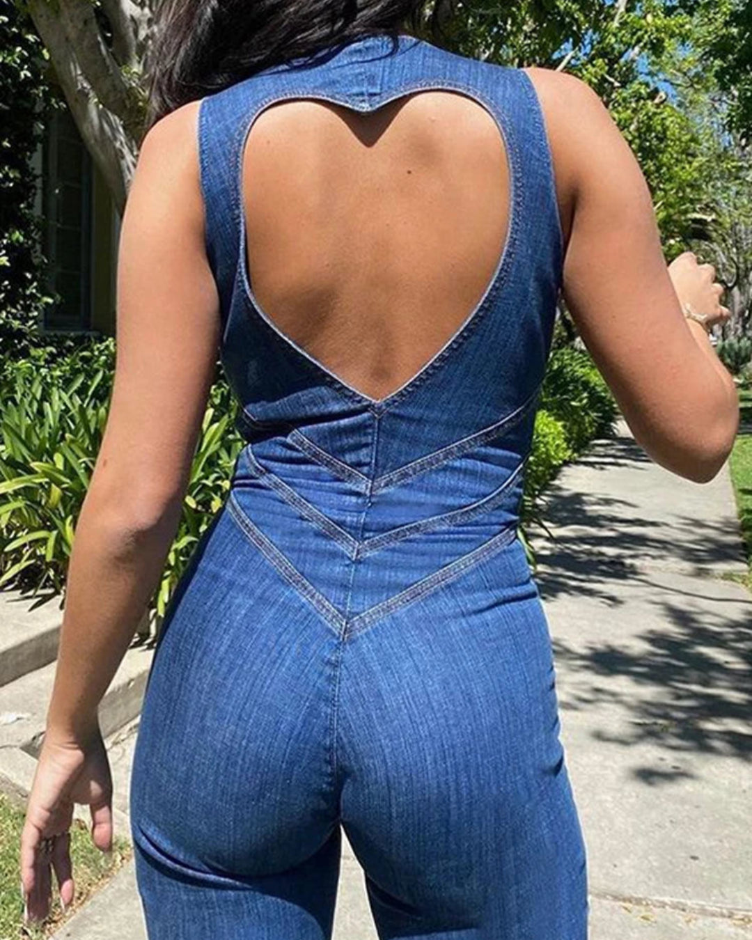 Sleeveless Crew Neck Zipper Denim Flared Jumpsuit