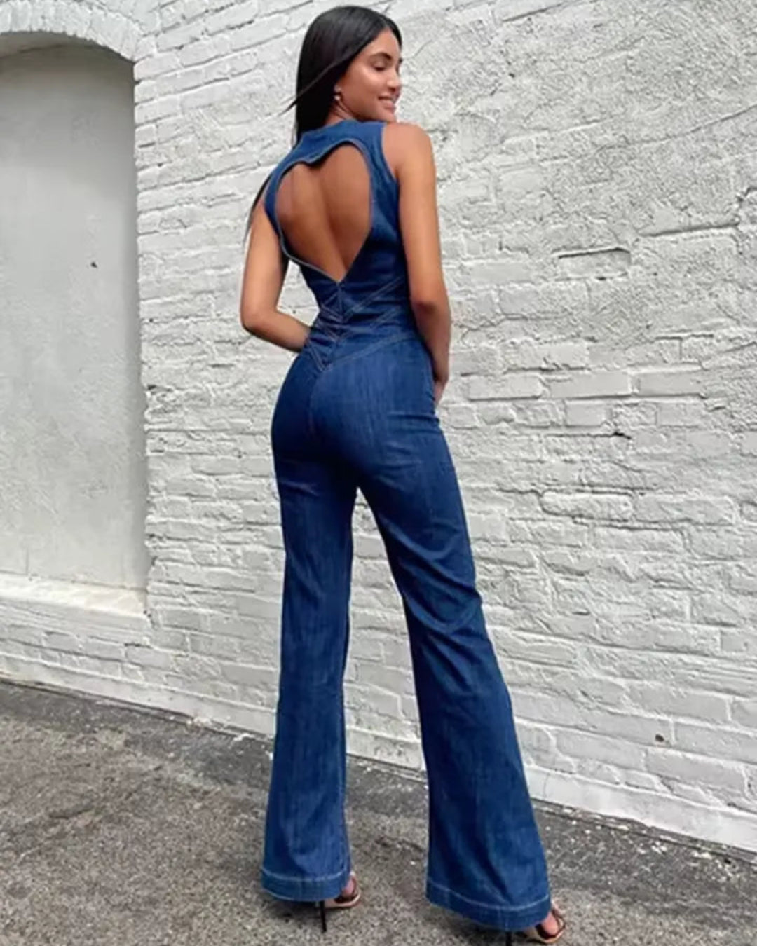 Sleeveless Crew Neck Zipper Denim Flared Jumpsuit