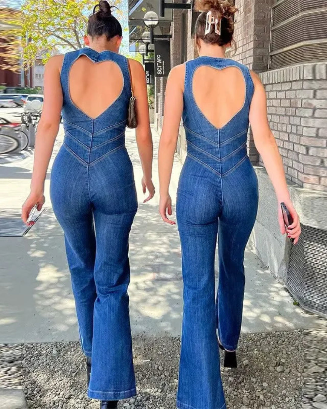 Sleeveless Crew Neck Zipper Denim Flared Jumpsuit