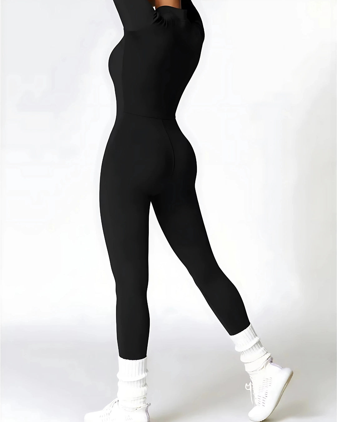 Fleece Long Sleeve Turtle Neck Half-Zip Ribbed Tummy Control Butt Lifting Jumpsuit