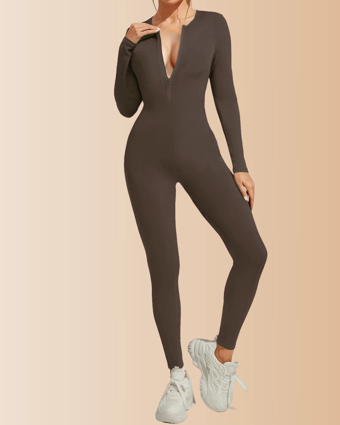 Seamless Long Sleeve Crew Neck Zipper Ribbed Tummy Control Butt Lifting Jumpsuit