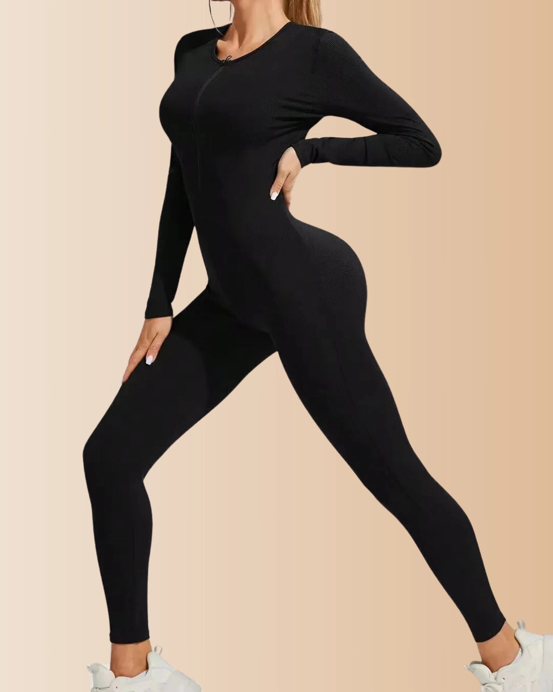 Seamless Long Sleeve Crew Neck Zipper Ribbed Tummy Control Butt Lifting Jumpsuit