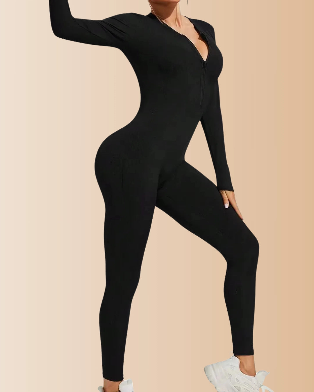 Seamless Long Sleeve Crew Neck Zipper Ribbed Tummy Control Butt Lifting Jumpsuit