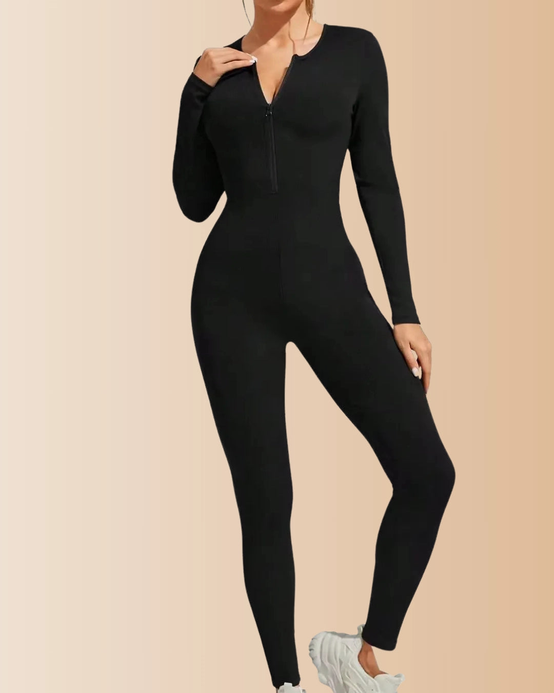 Seamless Long Sleeve Crew Neck Zipper Ribbed Tummy Control Butt Lifting Jumpsuit