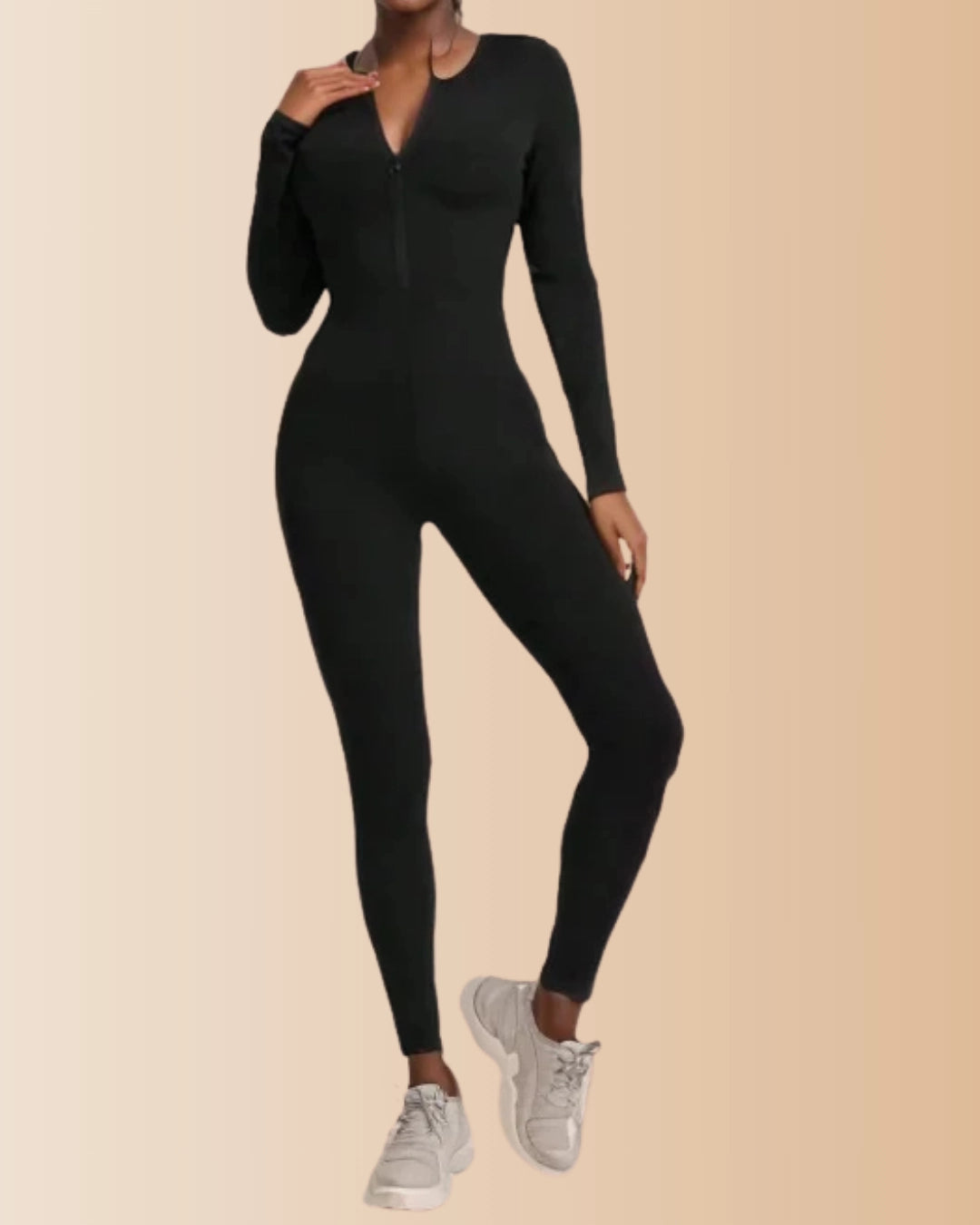 Seamless Long Sleeve Crew Neck Zipper Ribbed Tummy Control Butt Lifting Jumpsuit
