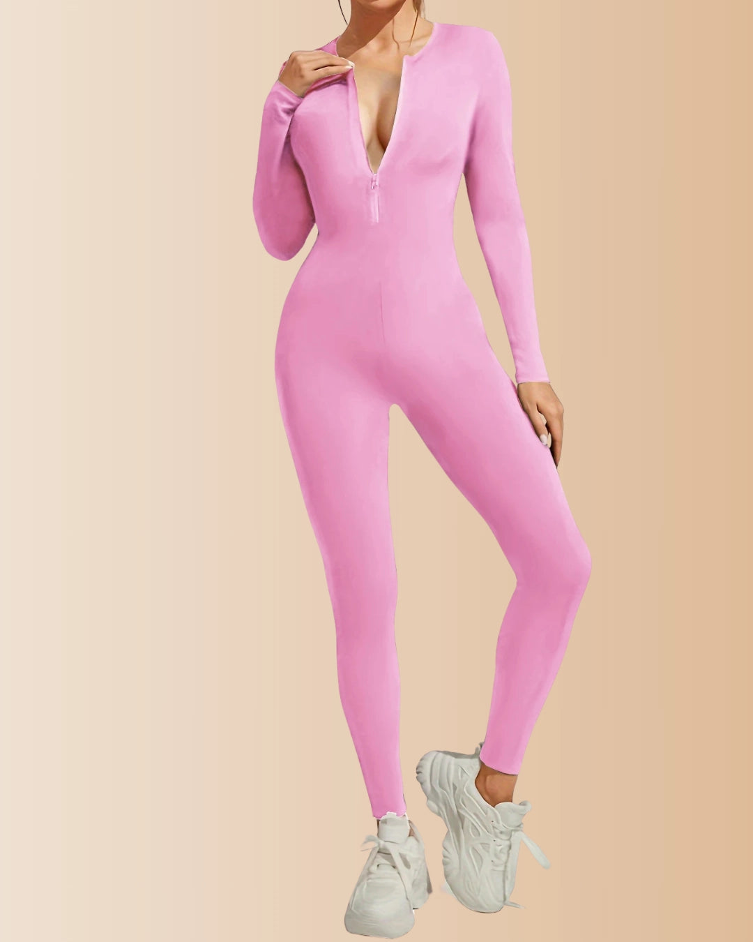 Seamless Long Sleeve Crew Neck Zipper Ribbed Tummy Control Butt Lifting Jumpsuit