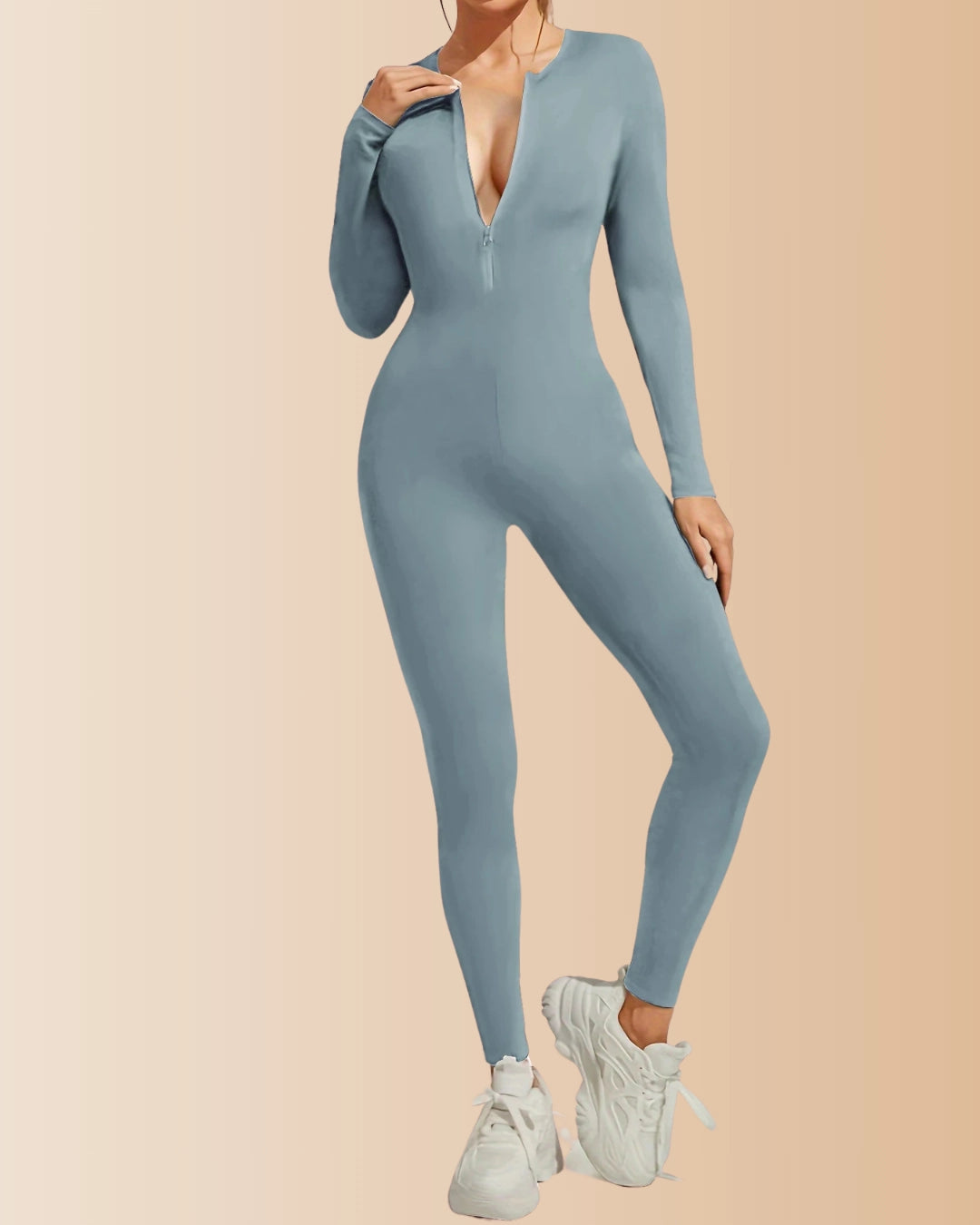 Seamless Long Sleeve Crew Neck Zipper Ribbed Tummy Control Butt Lifting Jumpsuit
