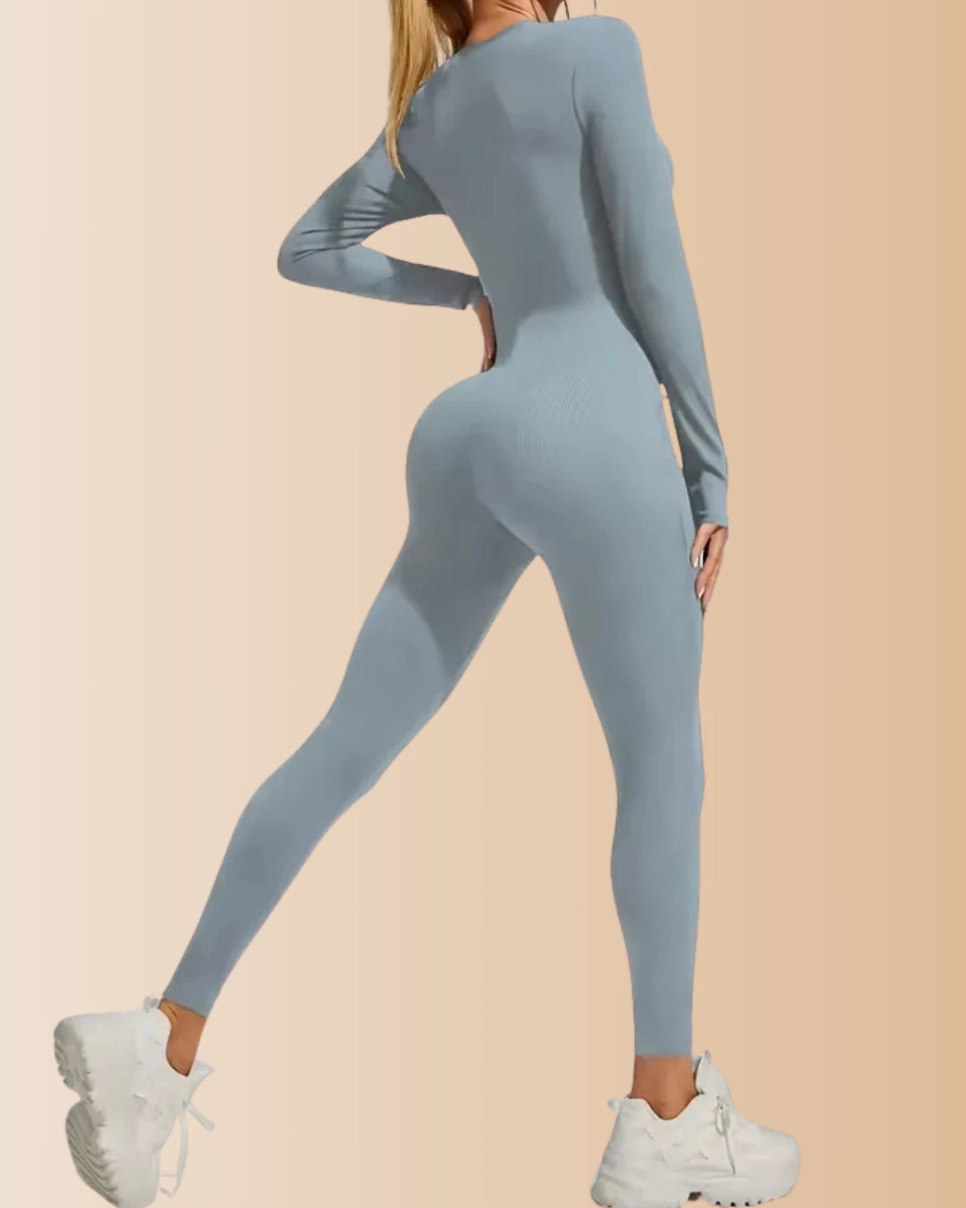 Seamless Long Sleeve Crew Neck Zipper Ribbed Tummy Control Butt Lifting Jumpsuit