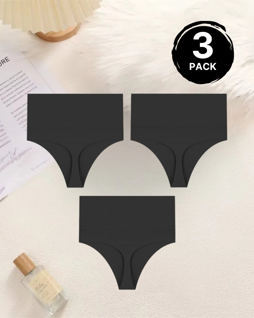 High Waisted Tummy Control Thong Panty black grey apricot triple black